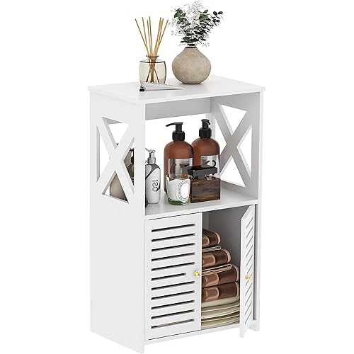 BYFU Bathroom Storage Cabinet, 3-Tier Small Floor Cabinet Freestanding Organizer with Door and Shelf for Living Room Hallway Kitchen Small Space, White