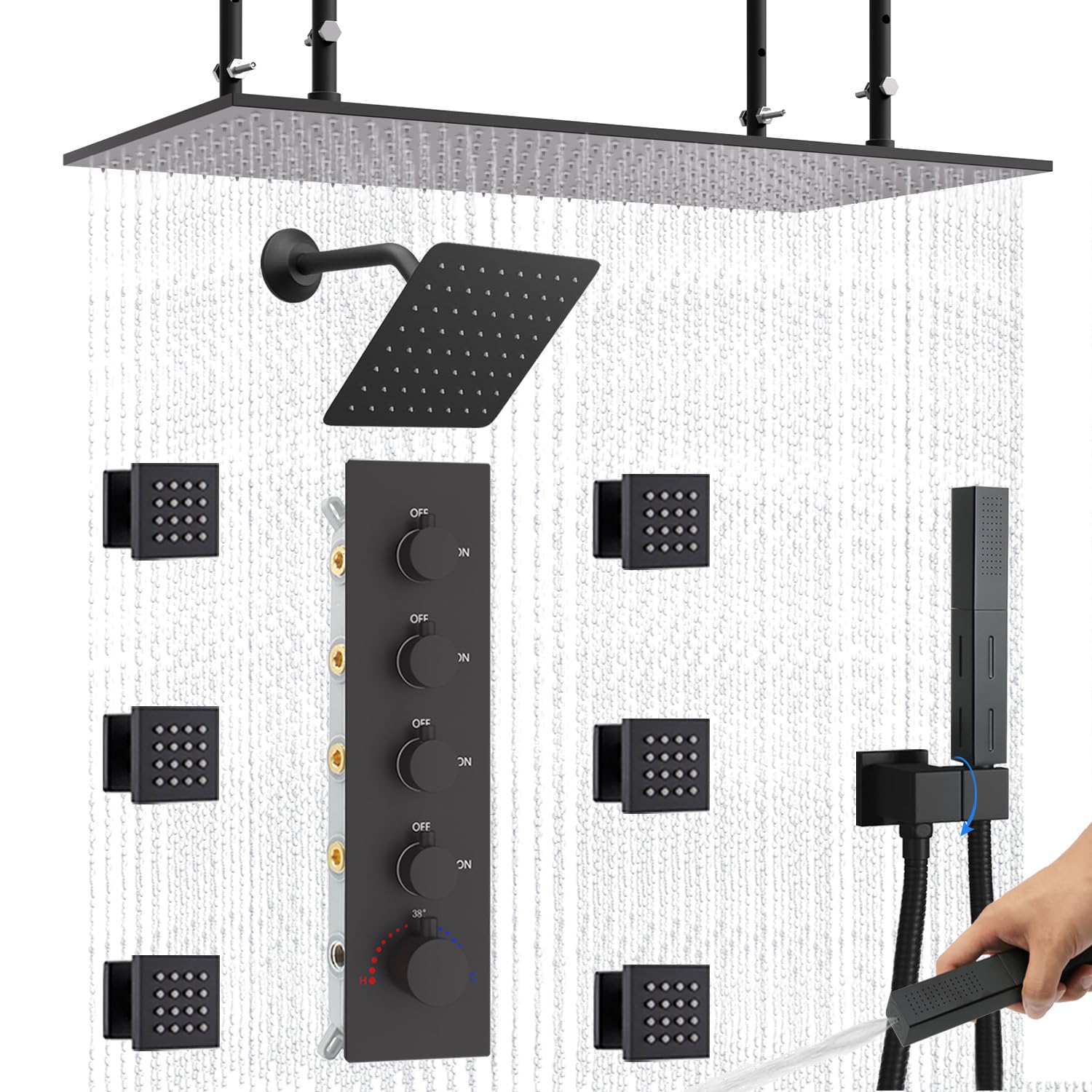 Photo 1 of ***STOCK PHOTO FOR REFERENCE ONLY***NPYSVSSS Dual Shower Heads System, 16"x32" Ceiling Mount Rainfall and 6" Wall Mounted Shower Heads with 6 body Jets Thermostatic Shower Valve Rain Shower Faucet Set Can All Run Together Matte Black