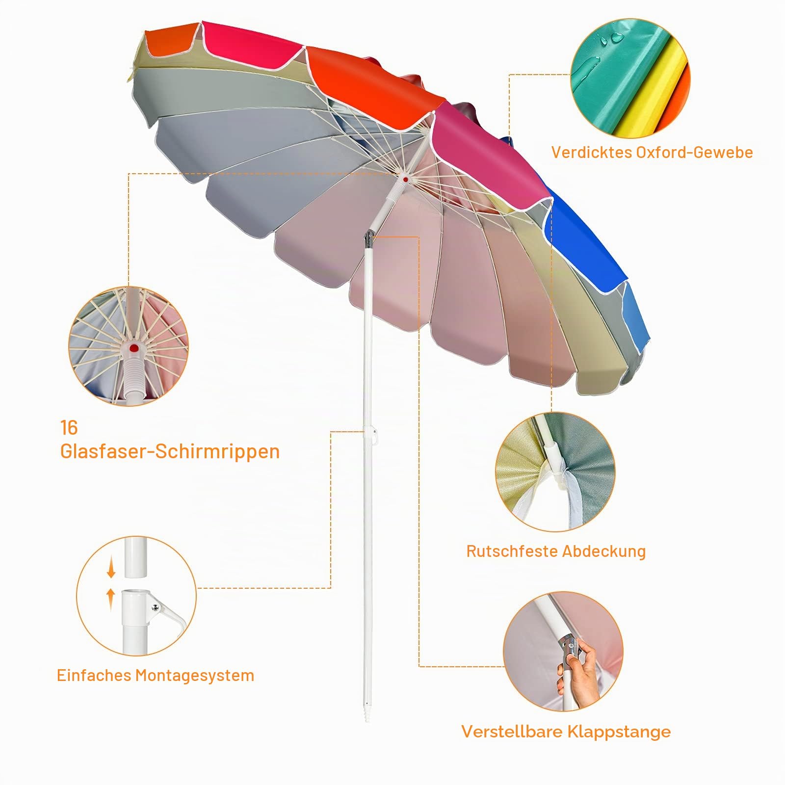 KOMFOTTEU Sonnenschirm Strand 243cm, Gartenschirm Sonnenschutz, Beach umbrella knickbar & Leichtgewicht, Balkonschirm mit Tragetasche, Terrassenschirm für Outdoor