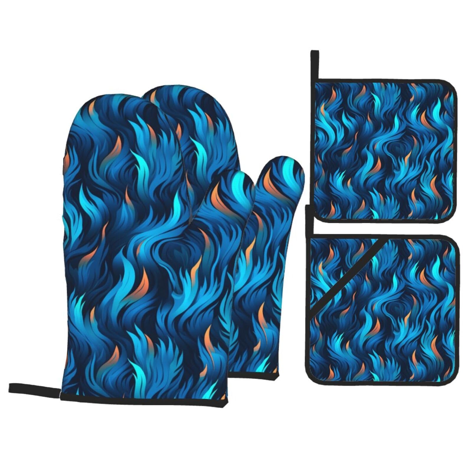HJFCZH Blue Fire Picture Kitchen Baking Set of 4 Thick Insulated Oven Mitt & Pot Holders, Anti-Scalding for Microwave, Oven, Outdoor BBQ