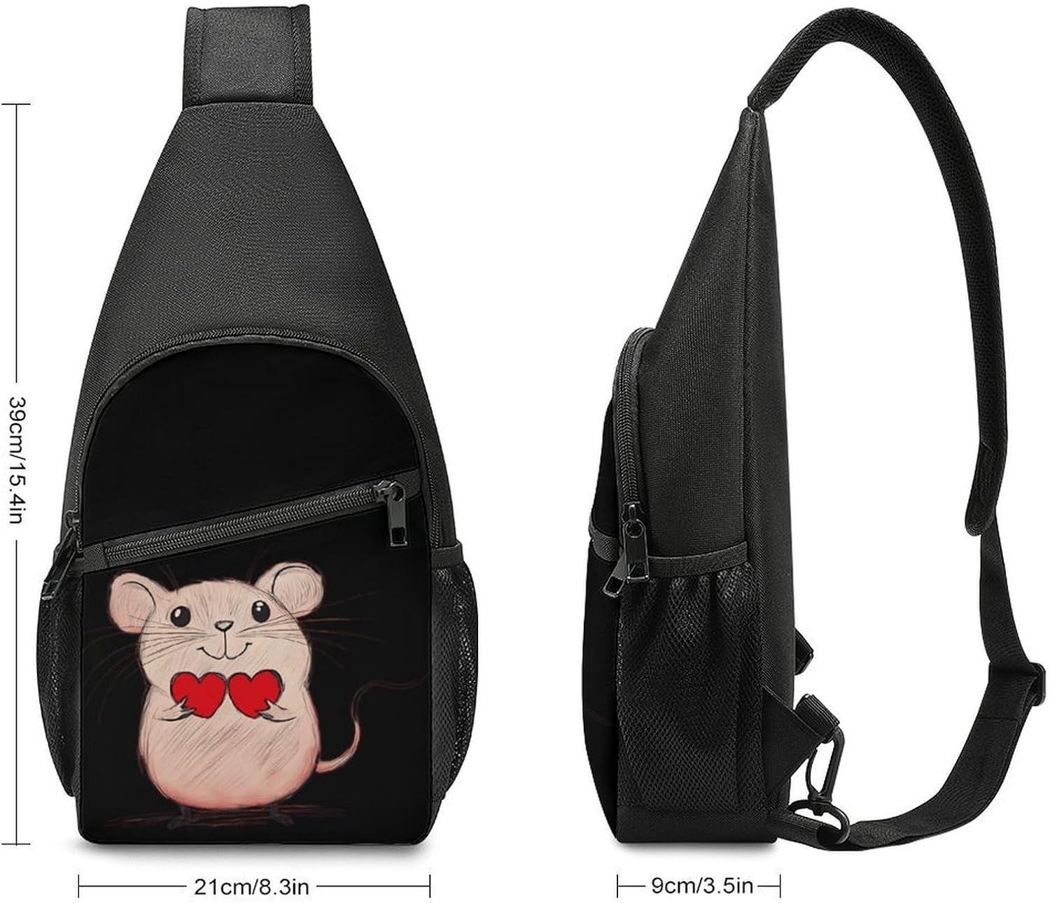 Rats Holding Two Hearts Crossbody Sling Backpack Chest Bag Daypack | unisex,trendy,with convertible and detachable shoulder strap,side pockets