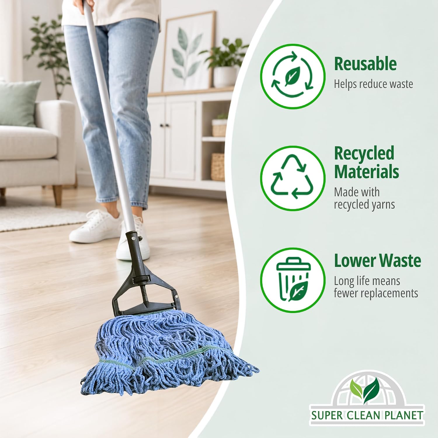 Super Clean Planet Heavy Duty Mop Head Refill (3-Pack) – Industrial Blue Cotton, Looped-End Wet Mop Heads for General, Commercial, Janitorial & Floor Cleaning