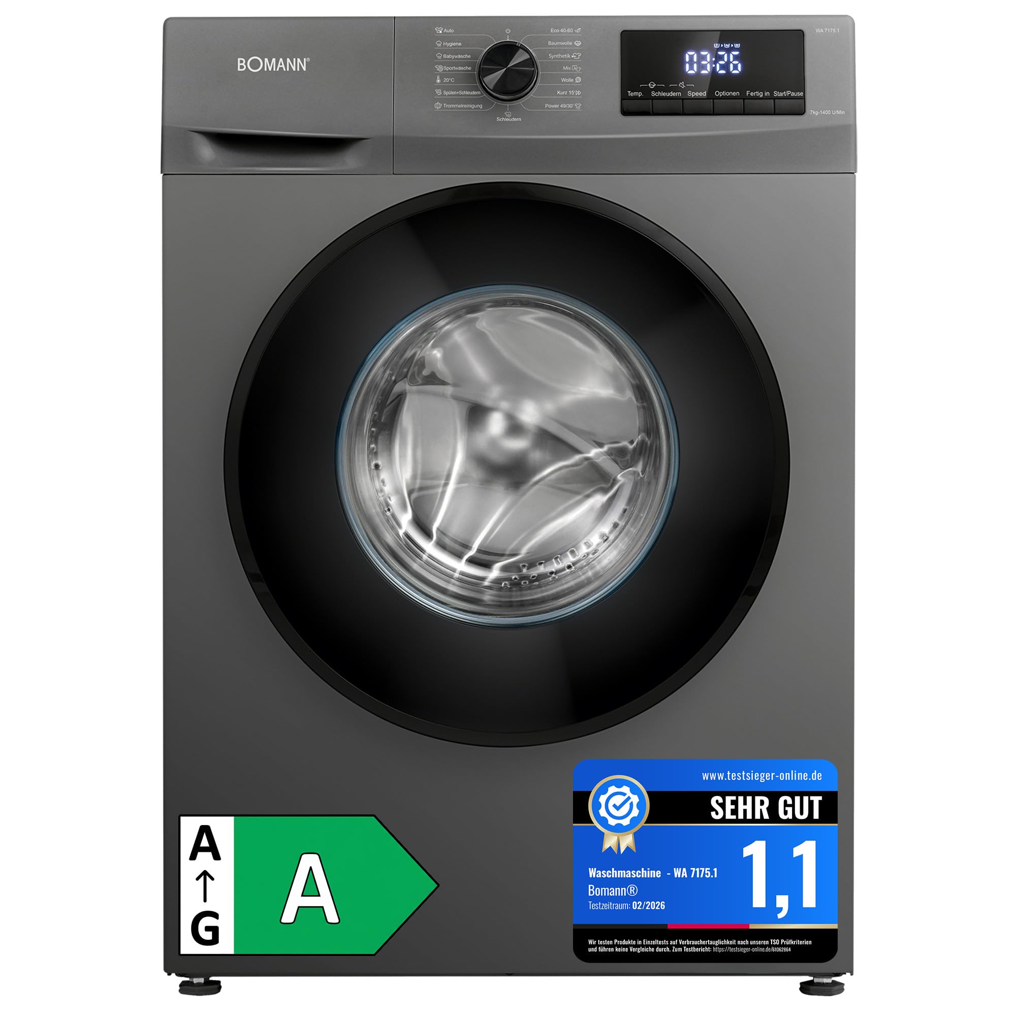 Bomann® Waschmaschine 7kg | 10 Jahre Motor-Garantie | Invertermotor - effizient, leise & langlebig | max. 1400 U/min | 15 Programme | Endzeitvorwahl | LED-Display | Washing Machine | WA 7175.1 titan