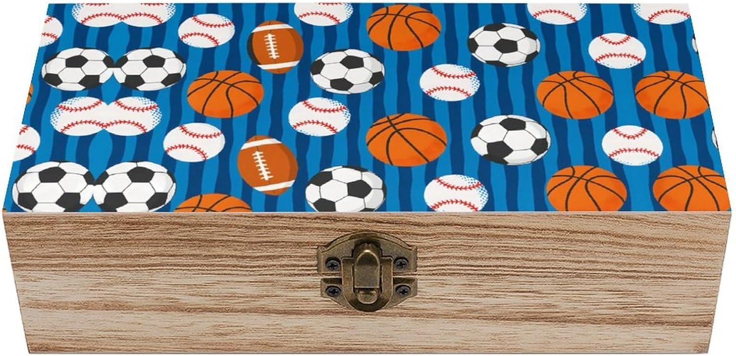 Sport Balls & Blue Stripes Wooden Storage Crates Decorative Keepsake Boxes