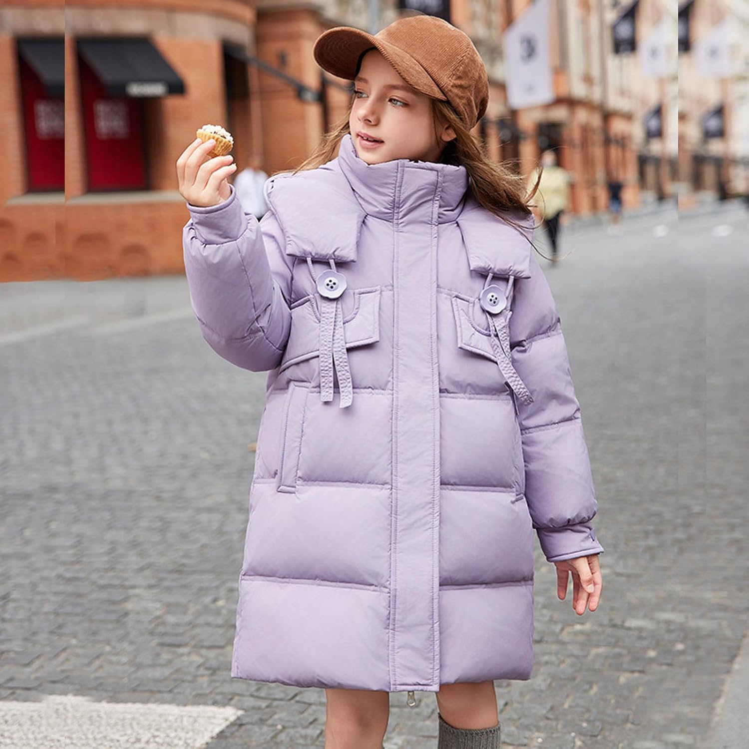 Mid-Length Puffy Jackets for Girl:Fashion Zip up Lightweight Winter Warm Thicken Quilted Down Coats Hiking Outwear