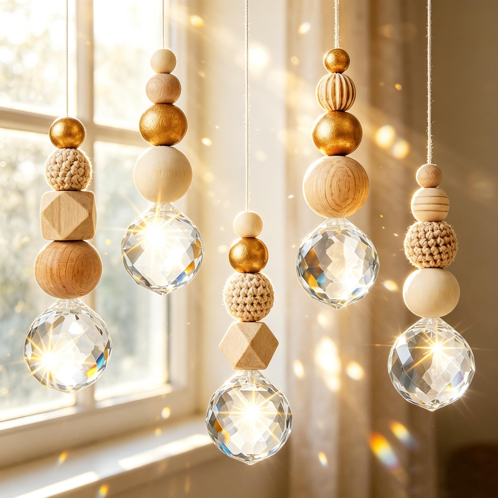 Yuragim Kristall Sonnenfänger Bastelset, 5er Set Suncatcher mit Holz- & Kristallkugel, Skandinavische Wohnraum Dekoanhänger DIY Sonnenfänger Basteln Garten Windspiel Hängedeko Lichtspiel Fenster