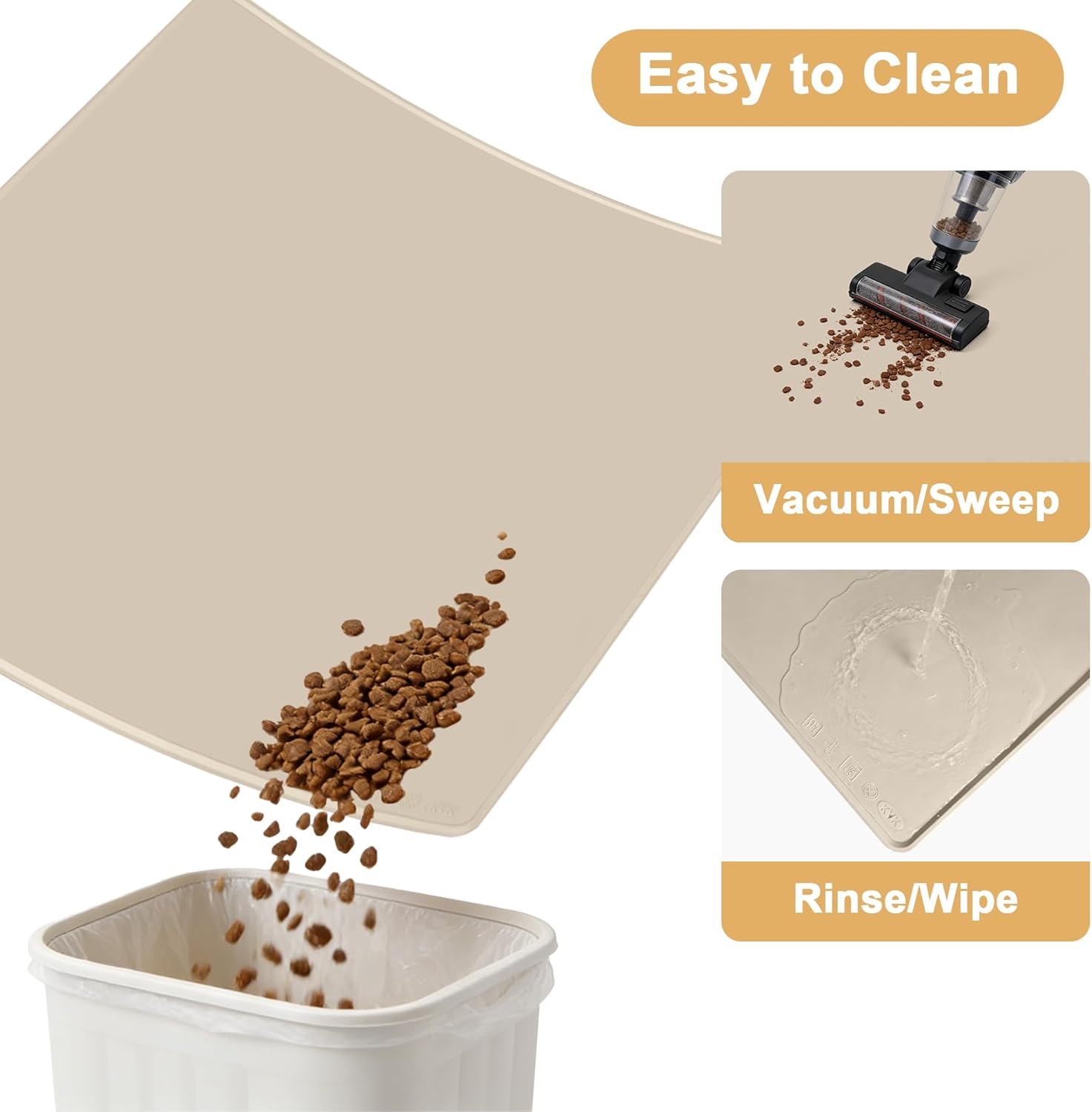 Extra Extra Large Silicone Dog Food Mat 39.4×43.3in and 128oz Silicone Bag Set, Super Size Waterproof Pet Feeding Mat & Container, Non-Slip, Chew-Resistant Floor Protection (Beige&Yellow)