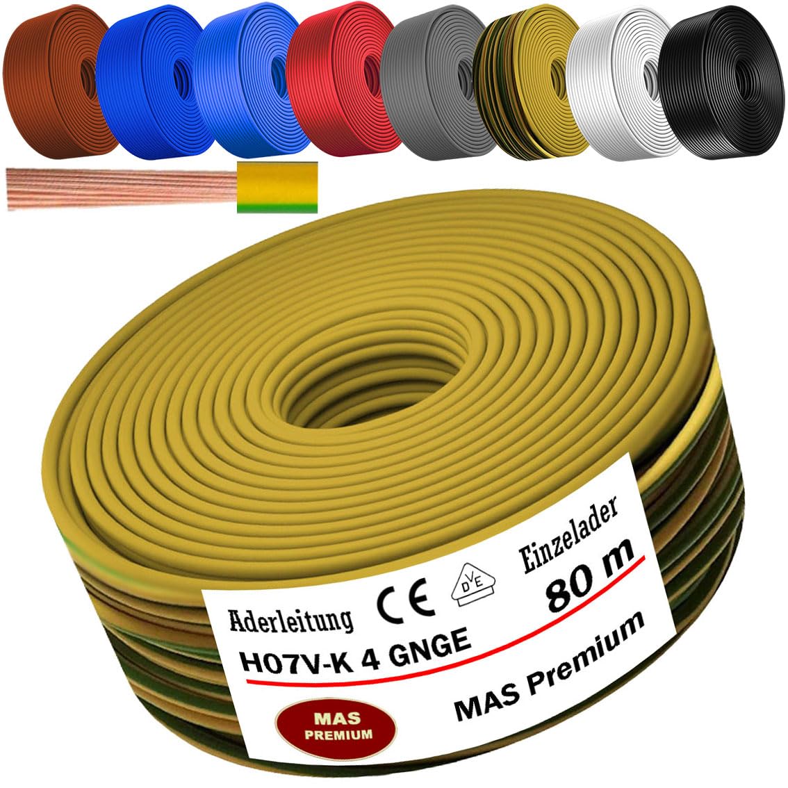 Cable Eléctrico de 5 a 100 m H07 V-K 4 mm², negro, marrón, azul oscuro, amarillo verde, gris, azul claro o rojo, cable individual flexible (amarillo verde, 80 m).