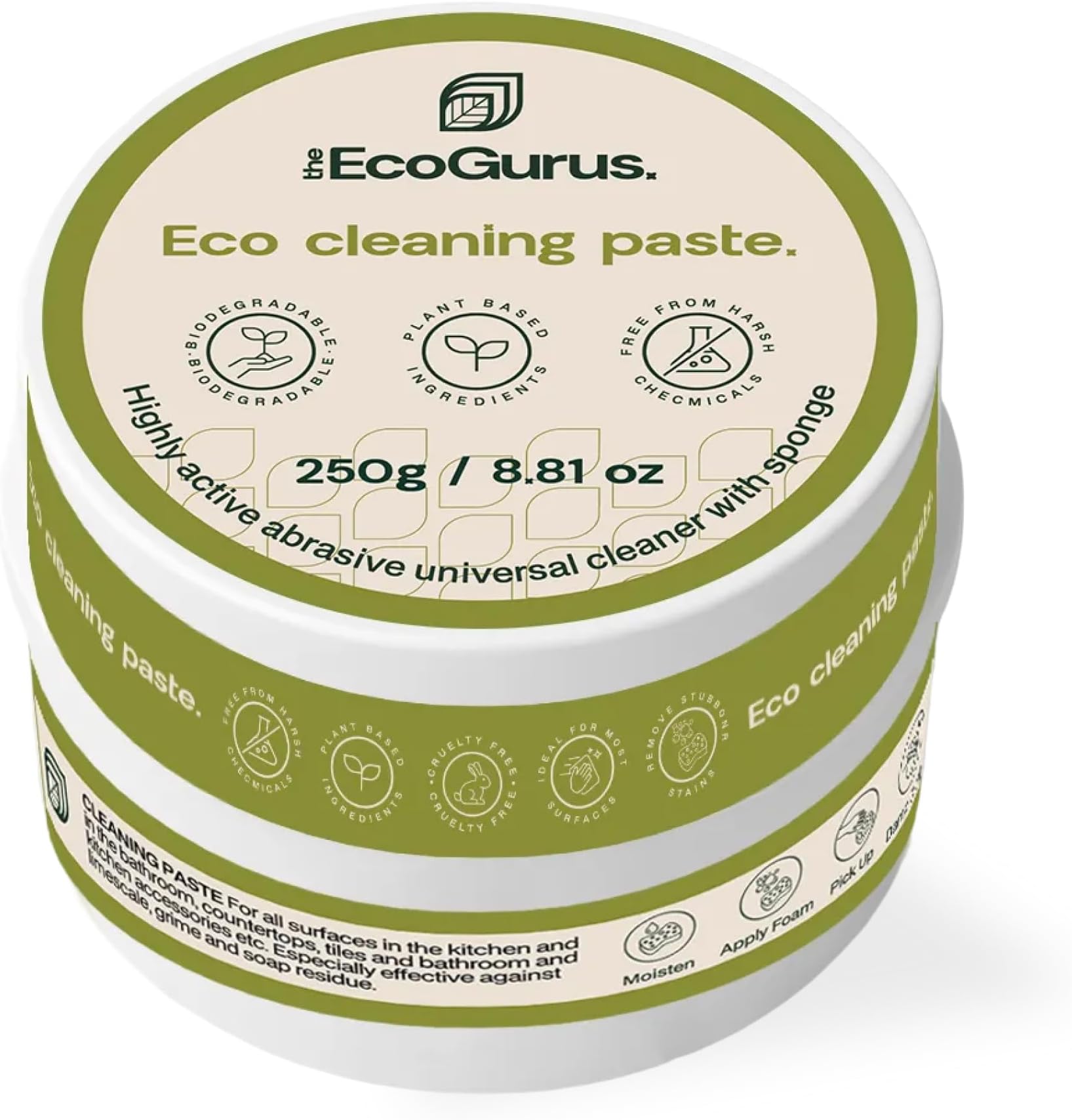 Natural Eco Cleaning Paste with Sponge | Multipurpose Surface Cleaner | Suitable for Most Surfaces | Stain Remover for Stainless Steel, Walls, Shower Surfaces