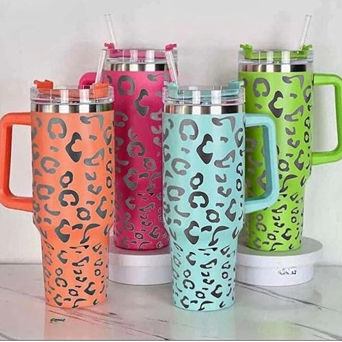 Miniatura 5 de Vaso de 40 onzas con asa y pajita, color menta, verde claro, azul, leopardo, plata, tapa de taza de 10 pulgadas de alto, incluida taza de viaje