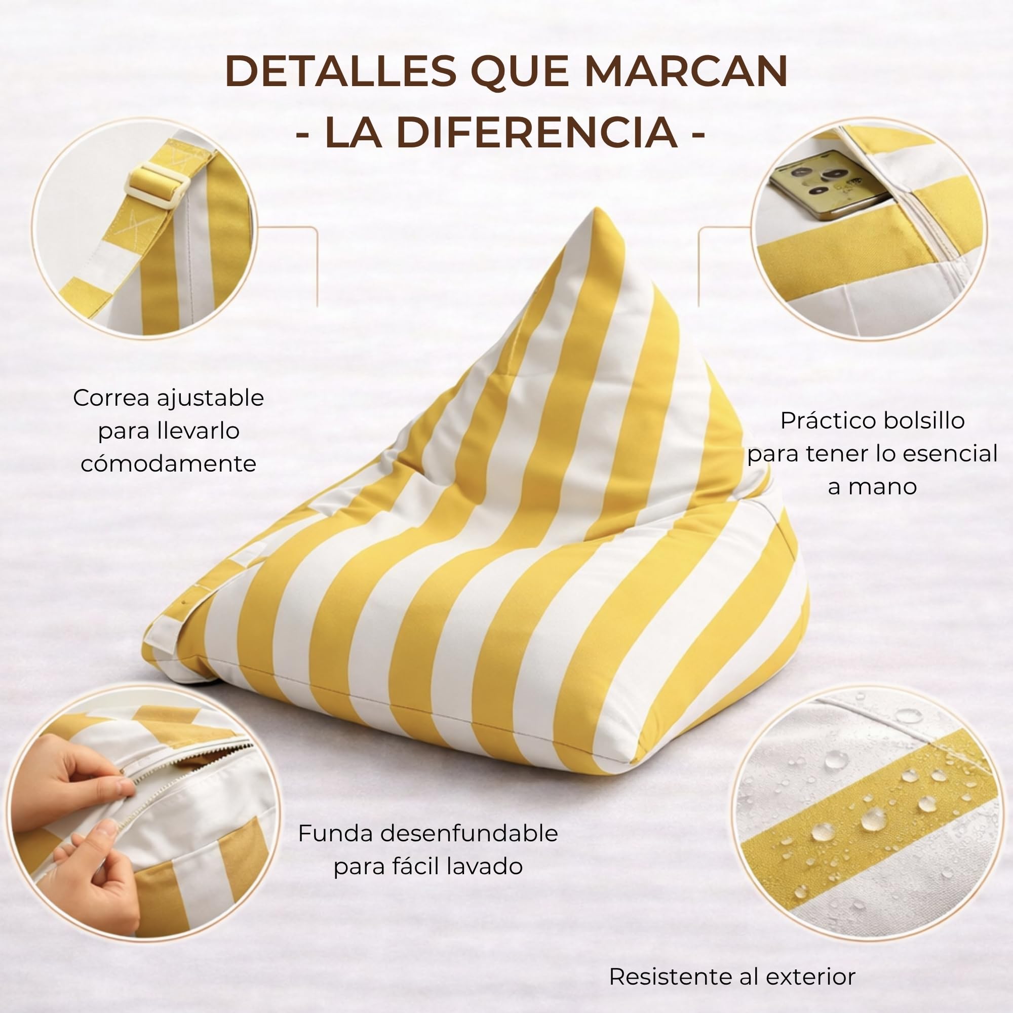 Aiire Puff Exterior Jardín con Relleno Incluido - Tejido Olefina Premium, Desenfundable y Lavable - Sofá Exterior para Playa, Terraza o Piscina - Bean Bag Chair Ligero Amarillo [75x65x55 cm]