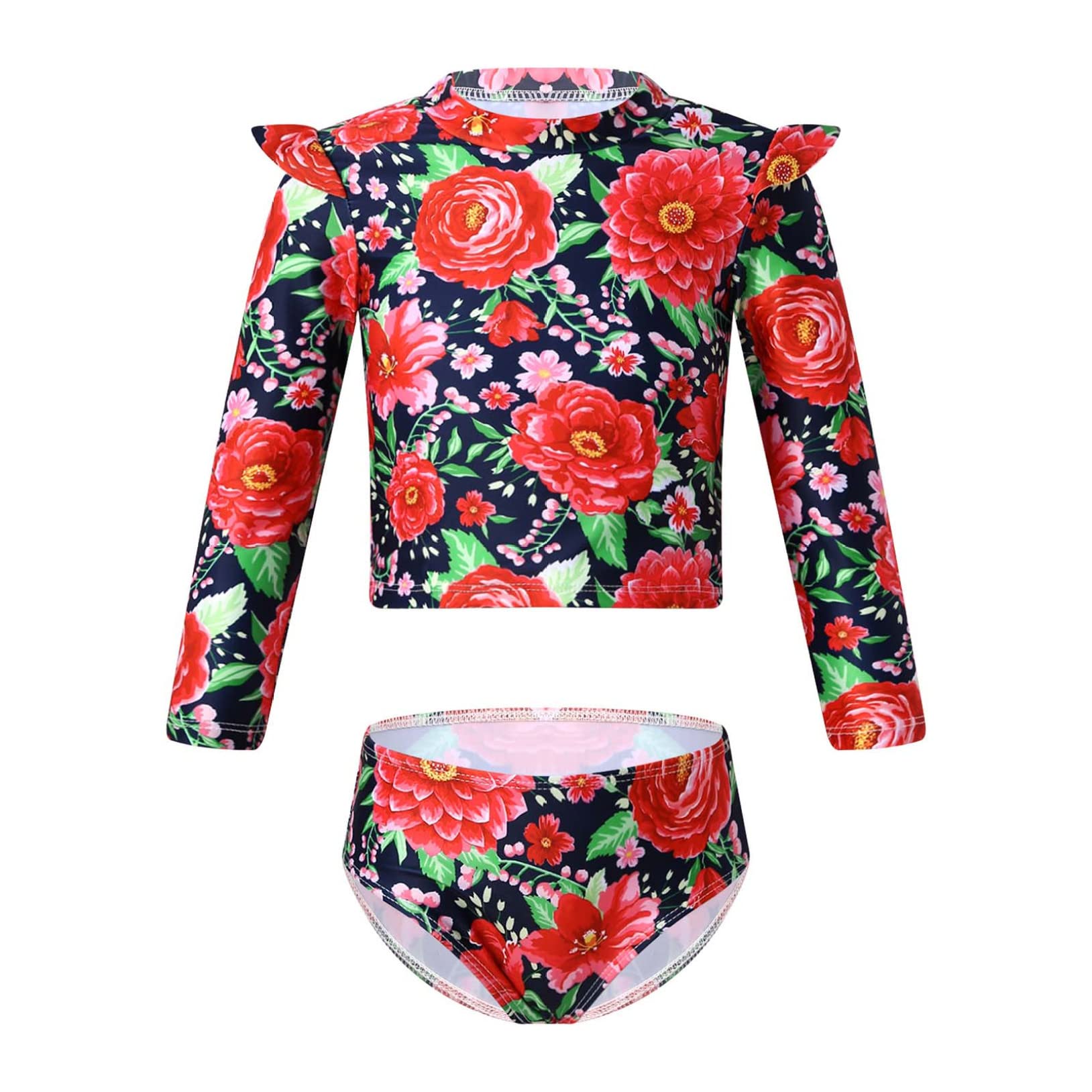 Choomomo Kid Girls Rash Guard Swimsuit Surfing Long Sleeve Crop Tops with Bottom 2-Piece Bathing Suit Red Floral 12-18 Months