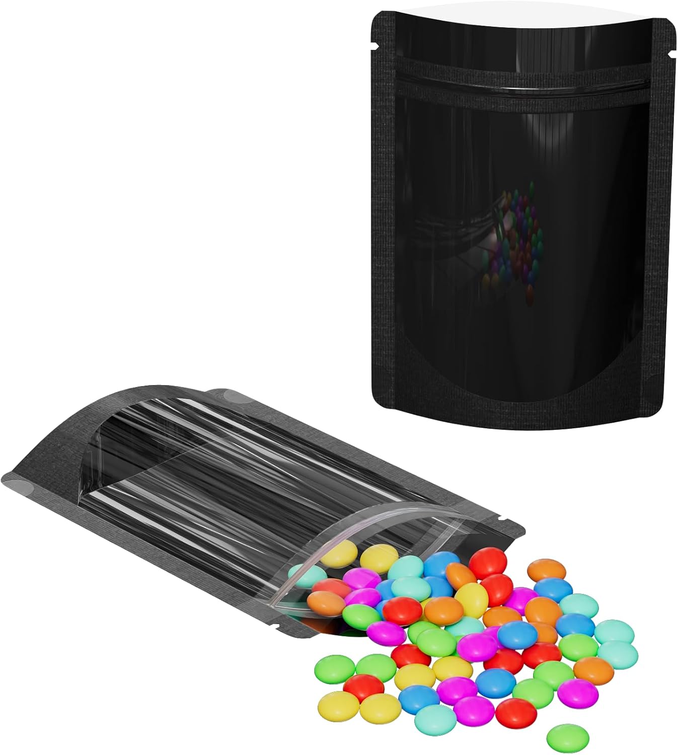 Clear Window Glossy Black Metallic Foil Stand Strong Bags Reusable Stand Up Pouch for Small Business, Bulk, Freeze Dried Candies, Pet Treats, Beauty Wax Melt, Tea Leaves (100, 5.91 inch x 8.66 inch)