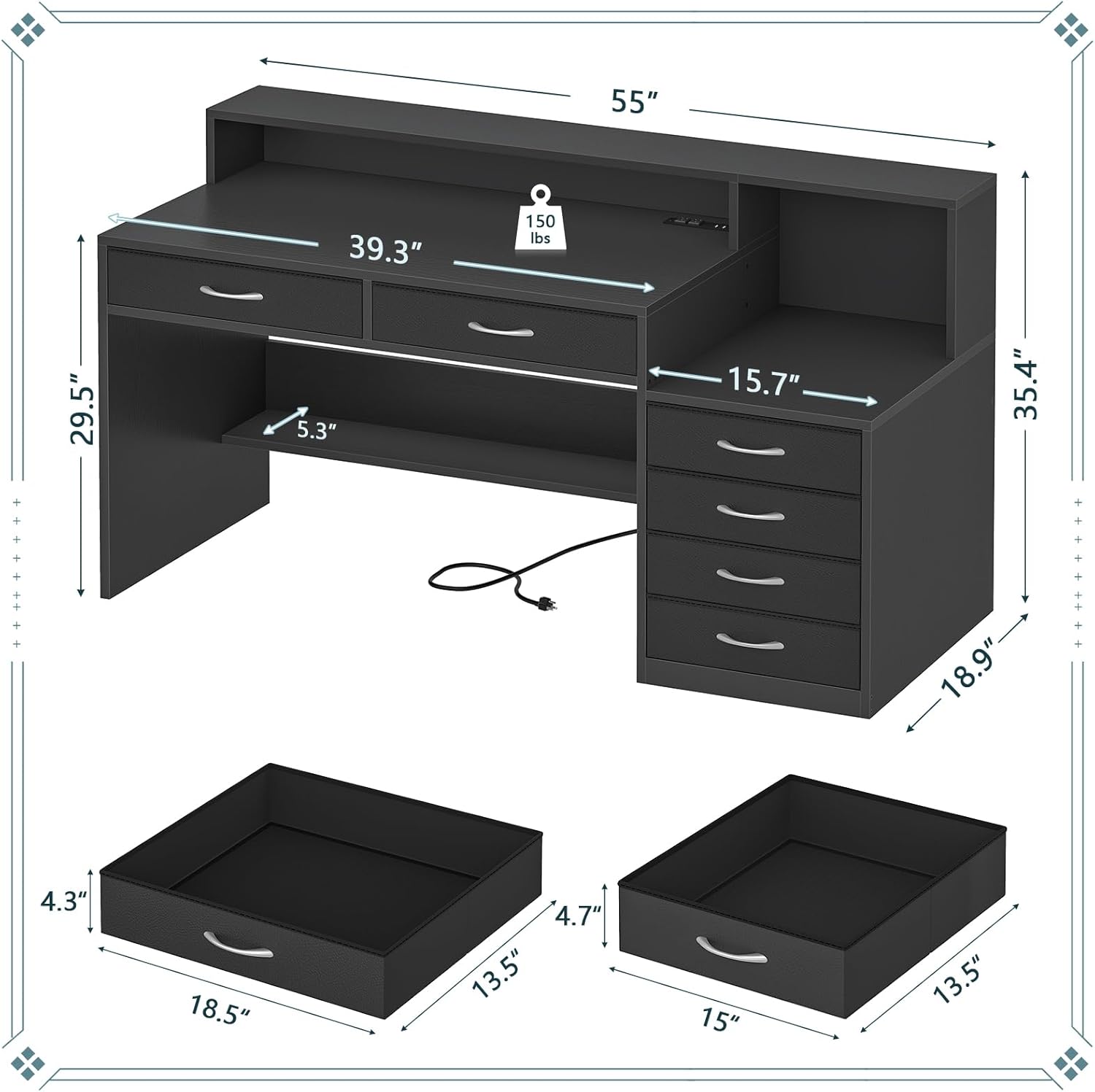 Computer Desk with 6 Drawers, 55 Inch Home Office Desk with Storage, Power Outlets and Printer Stand, Study Writing Desks with Long Monitor Stand, Black