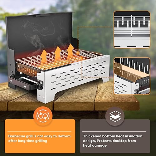 Miniatura 4 de AUXTUR Parrilla de carbón portátil plegable, escritorio de barbacoa, mesa para ahumar al aire libre, acero inoxidable, barbacoa, portátil, ligera,