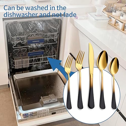 Miniatura 7 de Juego de 20 cubiertos de acero inoxidable negro y dorado, juego de cubiertos con mango colorido de 180, para 4 personas, juego moderno de cubiertos