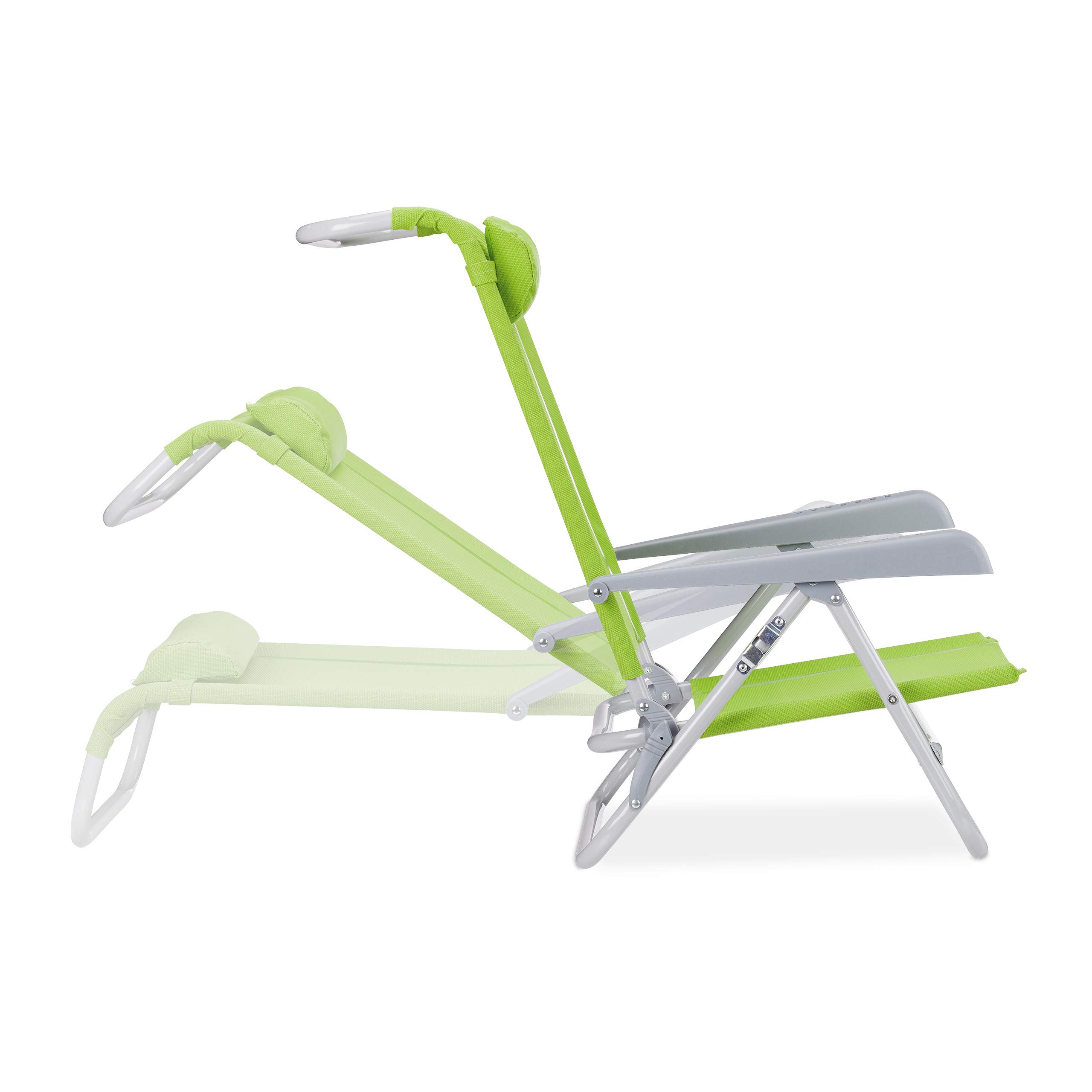 Relaxdays Sedia Pieghevole, Poggiatesta, Apribottiglia, Braccioli Regolabili, 120 kg, Plastica, Acciaio, Verde