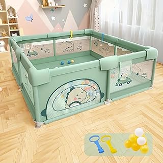 Dawnwake 150x180 cm Large Playpen for Baby up to 5 Years with Ocean Balls and 2 Anti-Fall Grasp Rings, Playard with Safety...