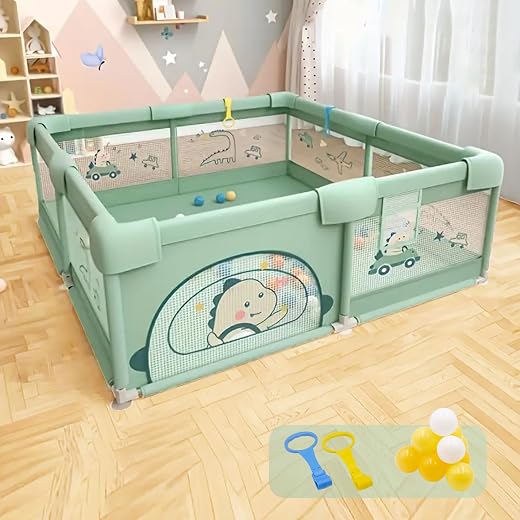 Dawnwake 150x180 cm Large Playpen for Baby up to 5 Years with Ocean Balls and 2 Anti-Fall Grasp Rings, Playard with Safety...