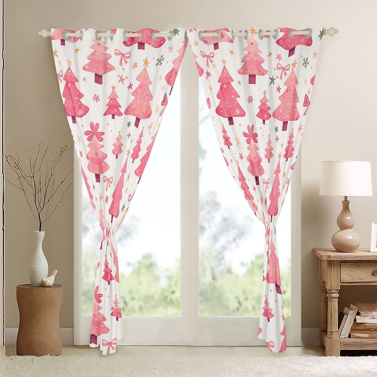 Erosebridal Christmas Tree Curtains for Girls Pink Bowknots Blackout Curtains, Snowflake Stars Curtains & Drapes Xmas Happy New Year Bedroom Curtains, Dreamy Princess Fairy Tale Window Treatments