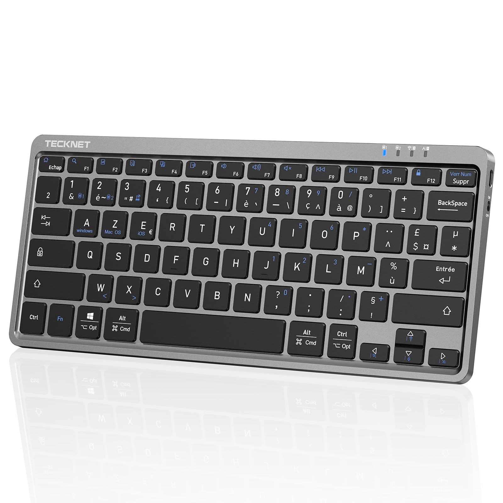 TECKNET Clavier sans Fil Bluetooth pour 3 Appareils (BT5.1/5.1+2.4GHz), France AZERTY Mini Clavier Rechargeable, 18 Raccourcis Multimédias, Clavier Silencieux pour iPad, Windows, iOS, Android