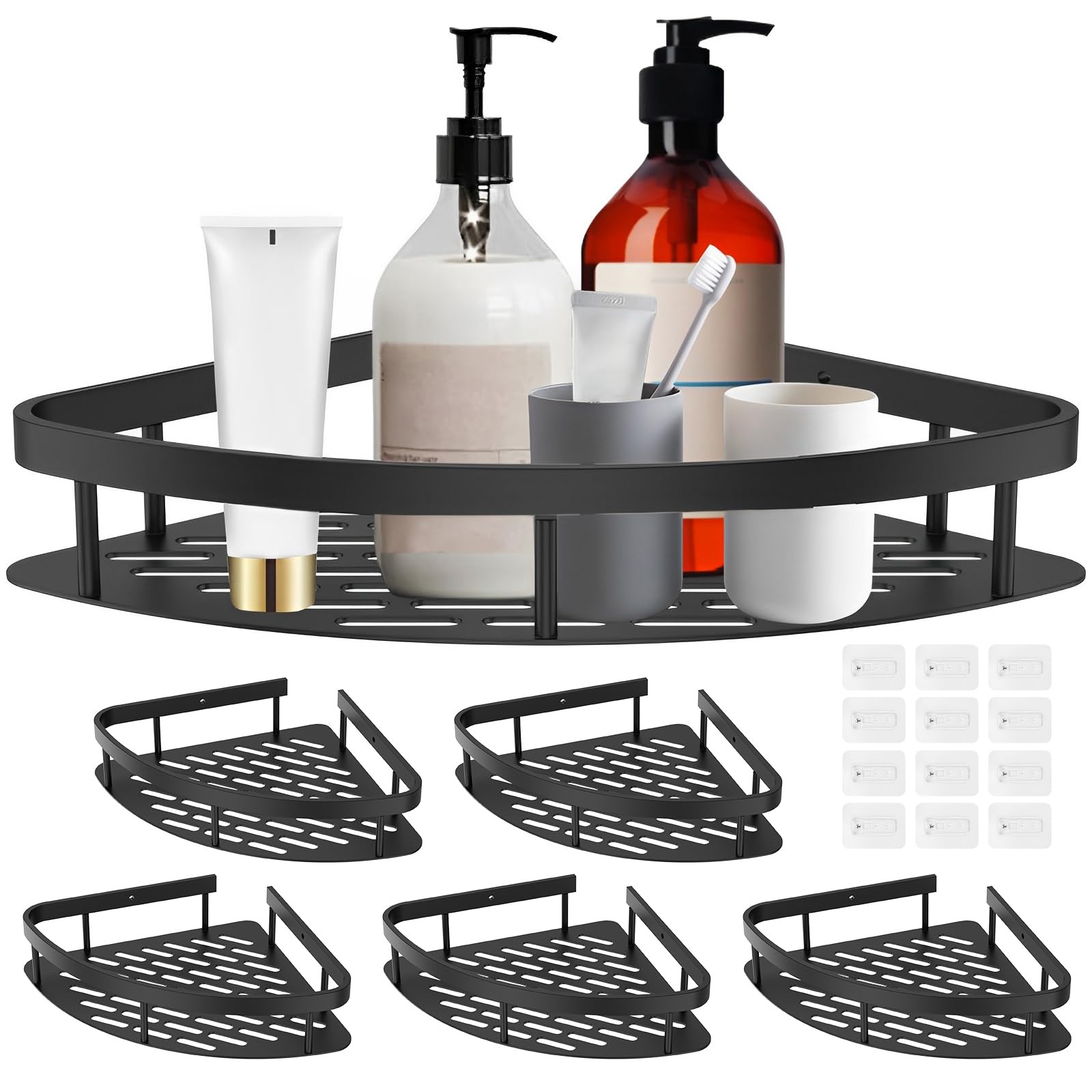 6-Pack Shower Caddy Corner Basket Shelf with Soap Holder No Drilling Traceless Adhesive Shower Wall Shelves Waterproof Rust-Resistant