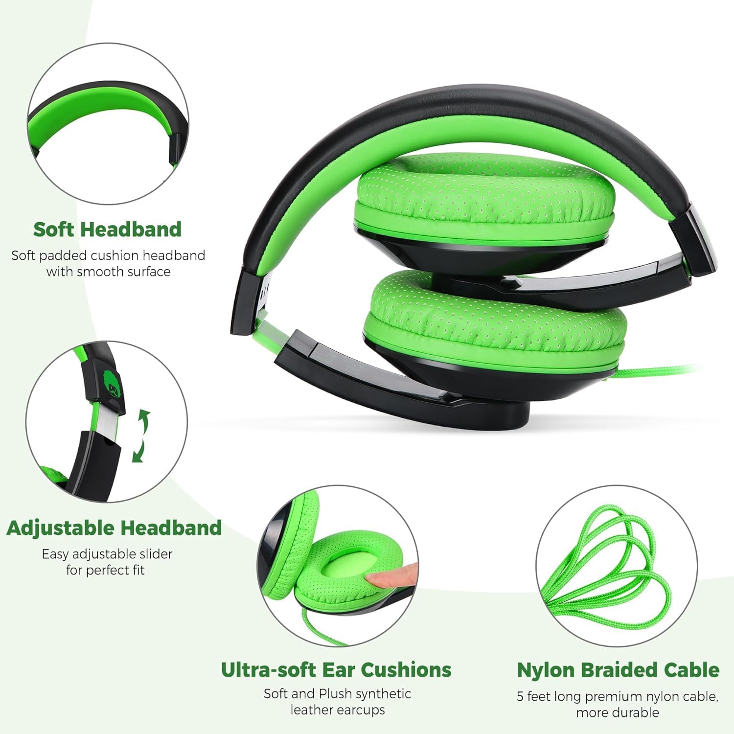 rockpapa Cuffie comode per bambini per scuola, leggere, per bambini, ragazzi, ragazze, adolescenti, cuffie sovrauricolari cablate da 3,5 mm per lettore CD, DVD, tablet, telefono da viaggio, nero/verde