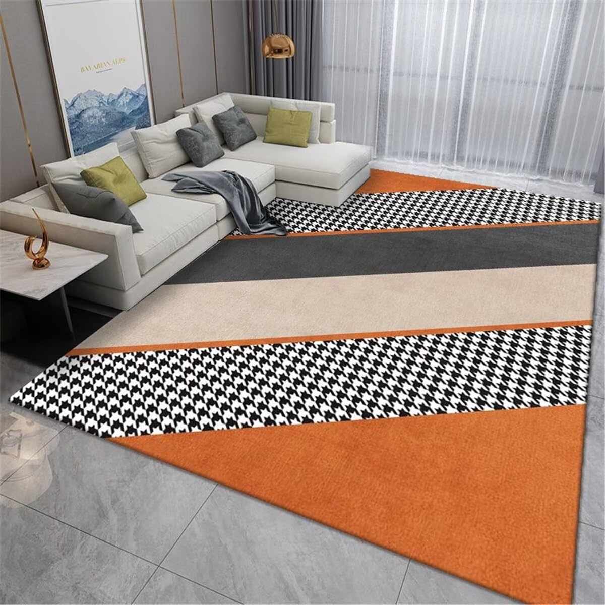 Tapis Interieur Deco Chambre Enfant Lignes géométriques Orange Gris Rectangles décoratifs faciles à Entretenir Tapis Sol Enfant 80X150CM