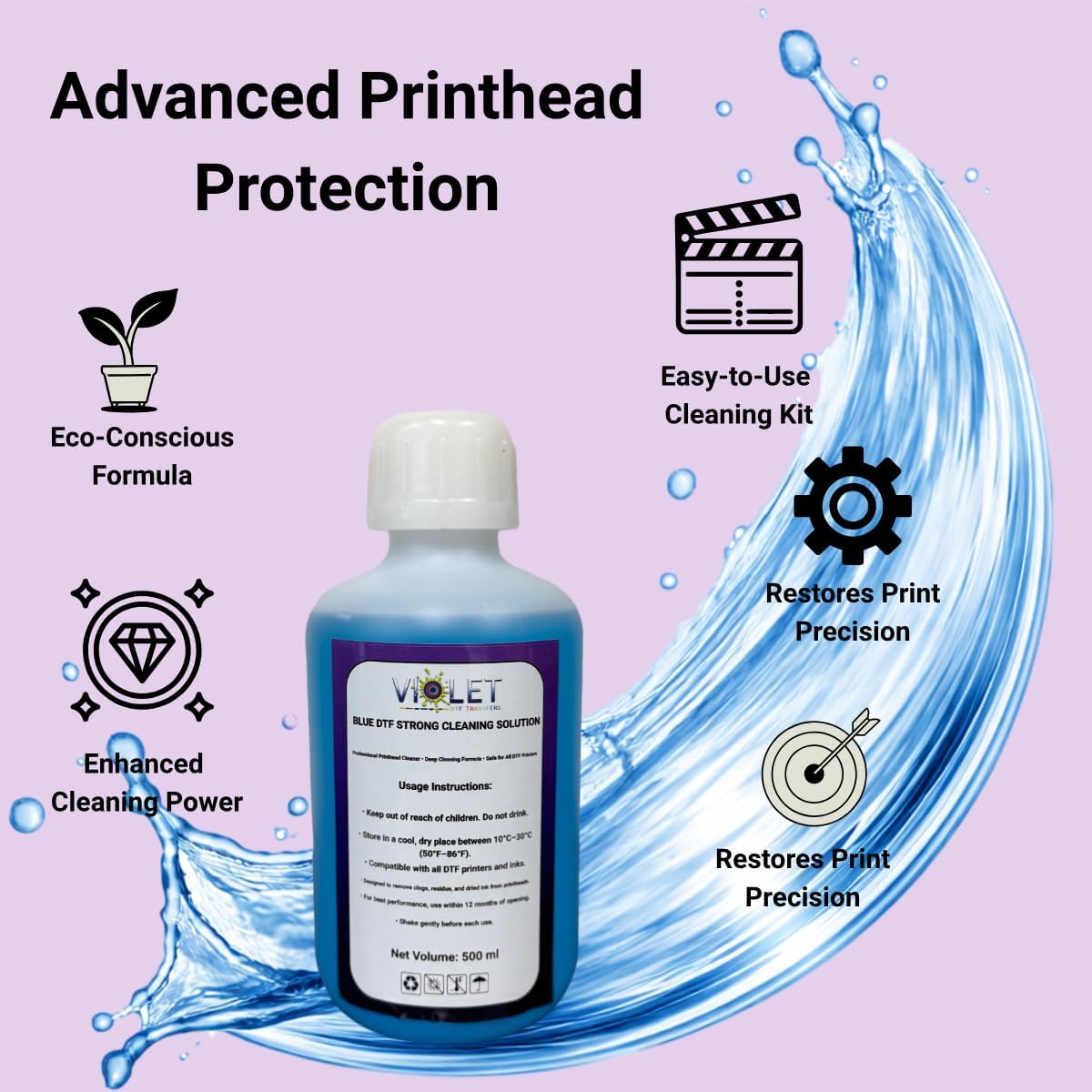 Violet Blue Strong DTF Printhead Cleaning Solution 500ML– Deep Cleaning & Recovery Formula for DTF Printers – Dissolves Dried Ink, Clears Clogged Nozzles, Restores Ink Flow & Print Quality