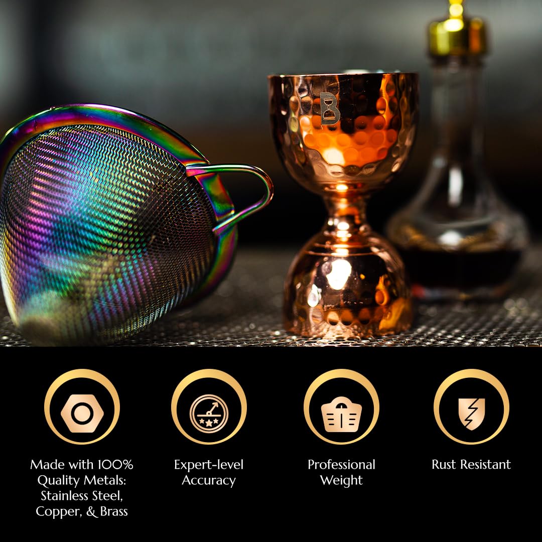 Doseur double cloche 100 % cuivre martelé pour barman | 56,7 g 28,3 g Outil de mesure | Outils de bar | Tasse à mesurer l'alcool à cocktail | Outil de mesure de liquide