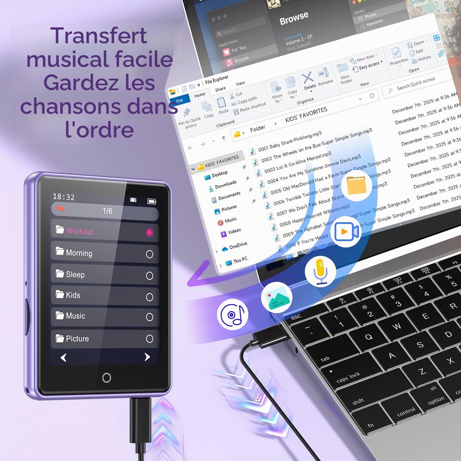 32Go Lecteur MP3 Bluetooth 5.3, 2,8" écran Tactile, Bruit Blanc (18 Sons), Lecteur MP3 Portable HiFi pour Enfants, avec Haut-Parleur, jusqu'à 45 Heures d'autonomie, Radio FM, Extensible 128 Go