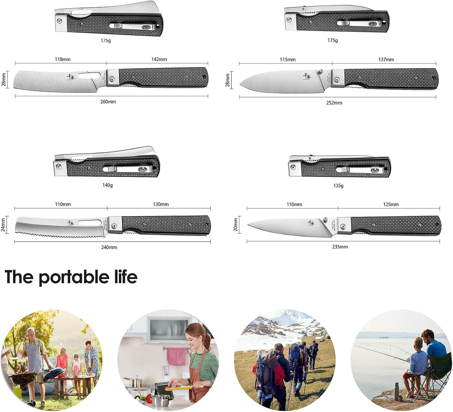 SENBON 440 stainless steel sharp set folding chef knife fruit knife carbon fiber handle camping barbecue outdoor portable kitchen knife with back clip