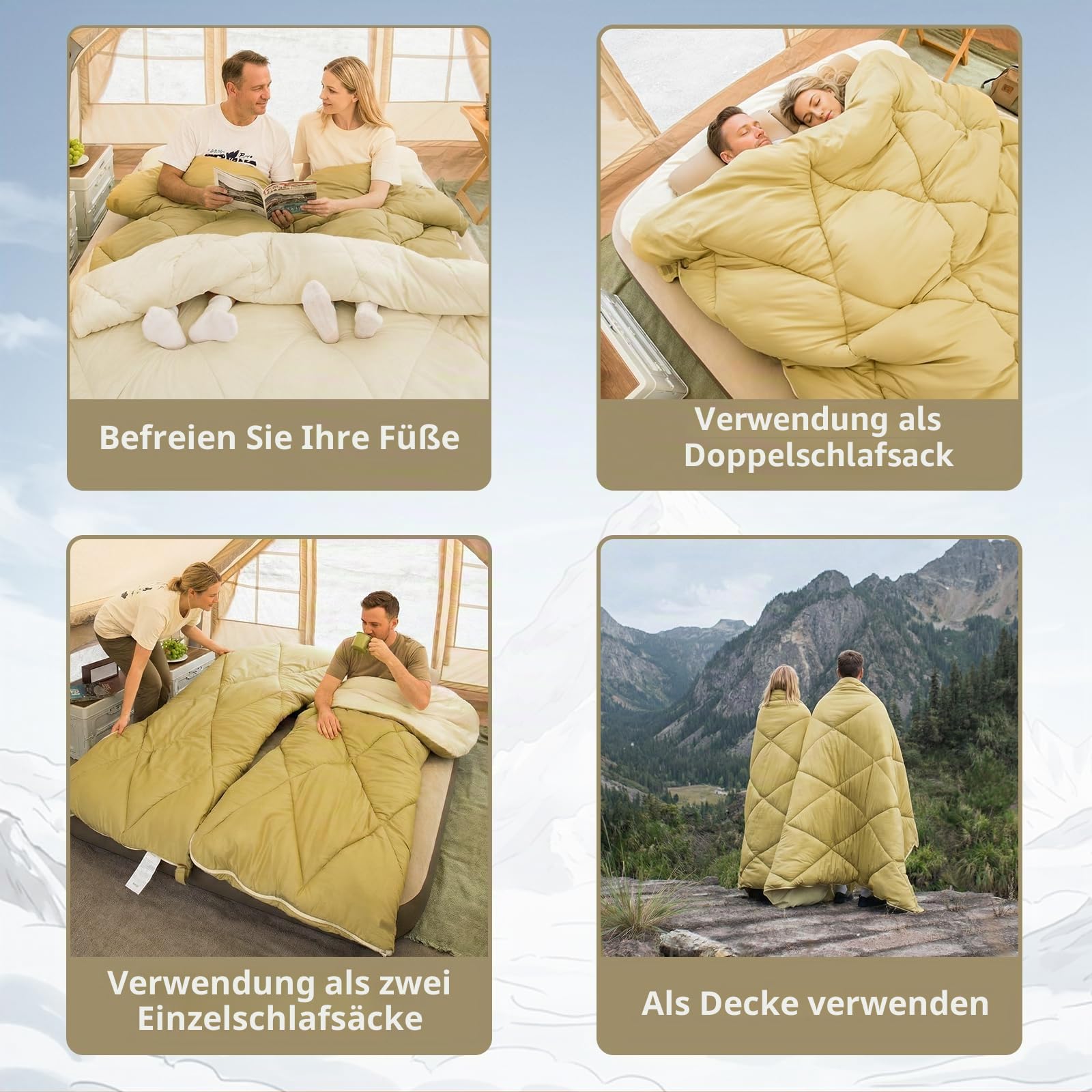 BISINNA Doppelschlafsack Flanell für Erwachsene, 2-Personen Queensize, versch. Größen (3,2-4,5 kg), für alle Jahreszeiten, Wandern, Rucksackreisen, kaltes Wetter, mit Kompressionsbeutel