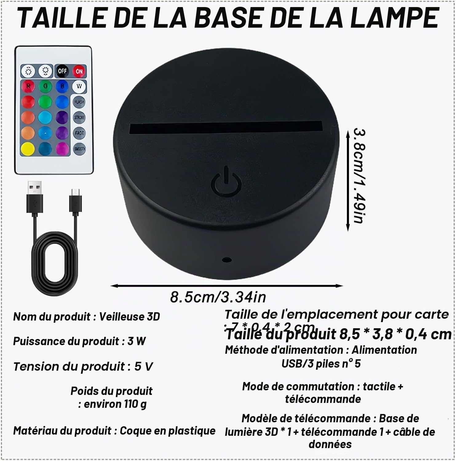 Lot de 4 veilleuses LED 3D avec socle lumineux : socle LED avec télécommande et câble USB, lampe illusion 3D, 7 couleurs, intensité variable, lampe décorative pour chambre d'enfant, chambre à coucher