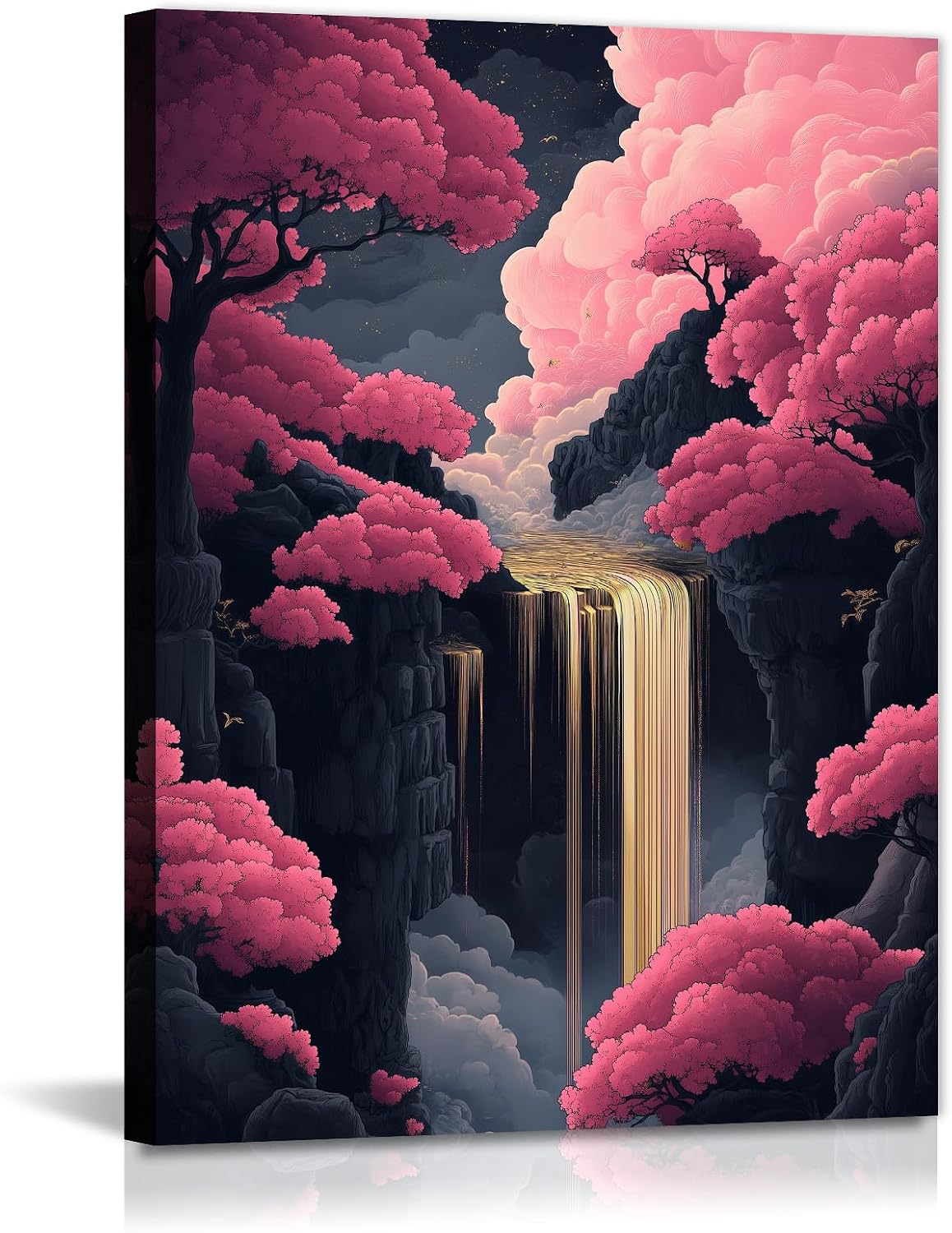 GLOKAKA Waterfall Wall Art Modern Chinese Style Green Gold Landscape Waterfall Pine Tree Painting Prints Elegant Home Decor for Living Room Bedroom(Artwork-3,24"x36")