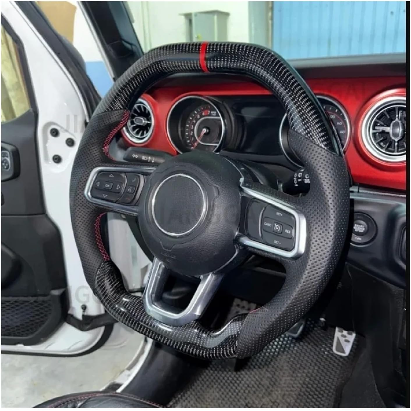 Carbon Fiber Perforated Leather Steering Wheel Compatible For Jeep Wrangler JL 2018-2024 Steering Wheel Flat Top Flat Bottom Accessories(White Heated)