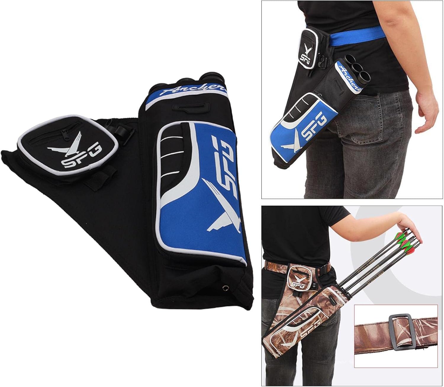 3-Tube Hip Quiver Holder Hunting Accessories Archery Arrow Quiver Bag Target Practice Bow Belt Weight Portable Adjustable Waist Hanged Recurve Bow Carry Pouch Bag for Training - Blue