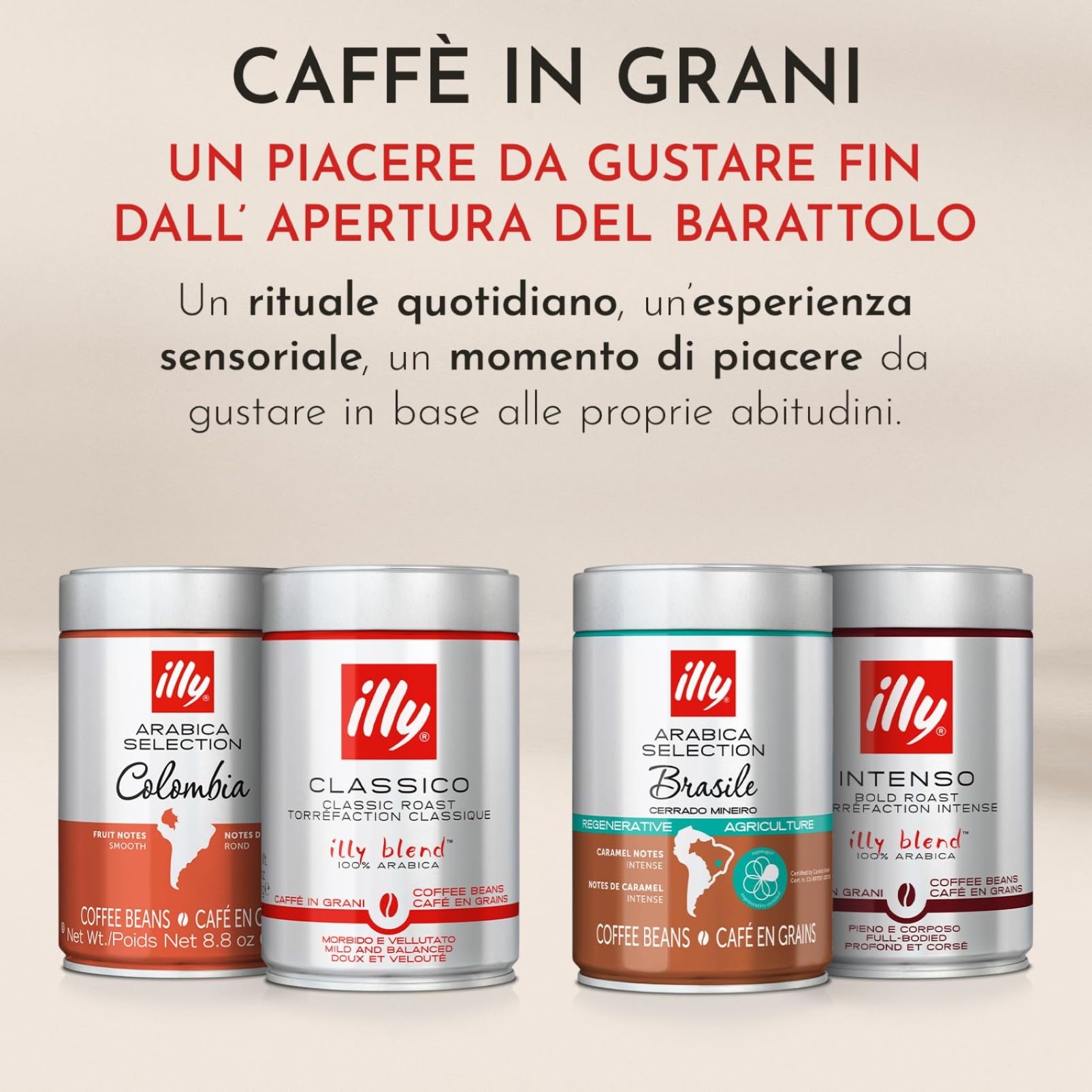 illy, Bundle Caffè in Grani da Macinare, 3x CLASSICO 2x INTENSO, 5x250g | 100% Arabica, 5 Barattoli da 250g (1250g Totali)