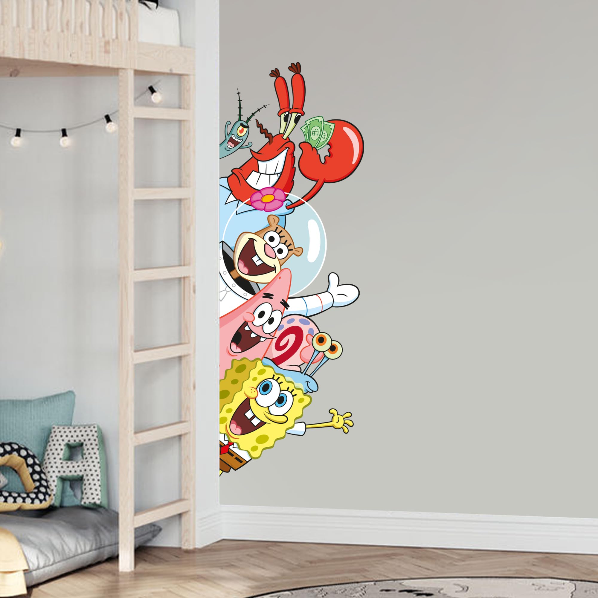 Themed Yellow Spongebob Wall Sticker - Group Peeking And Waving Decal Wall Art (60Cm Height X 20Cm Width)