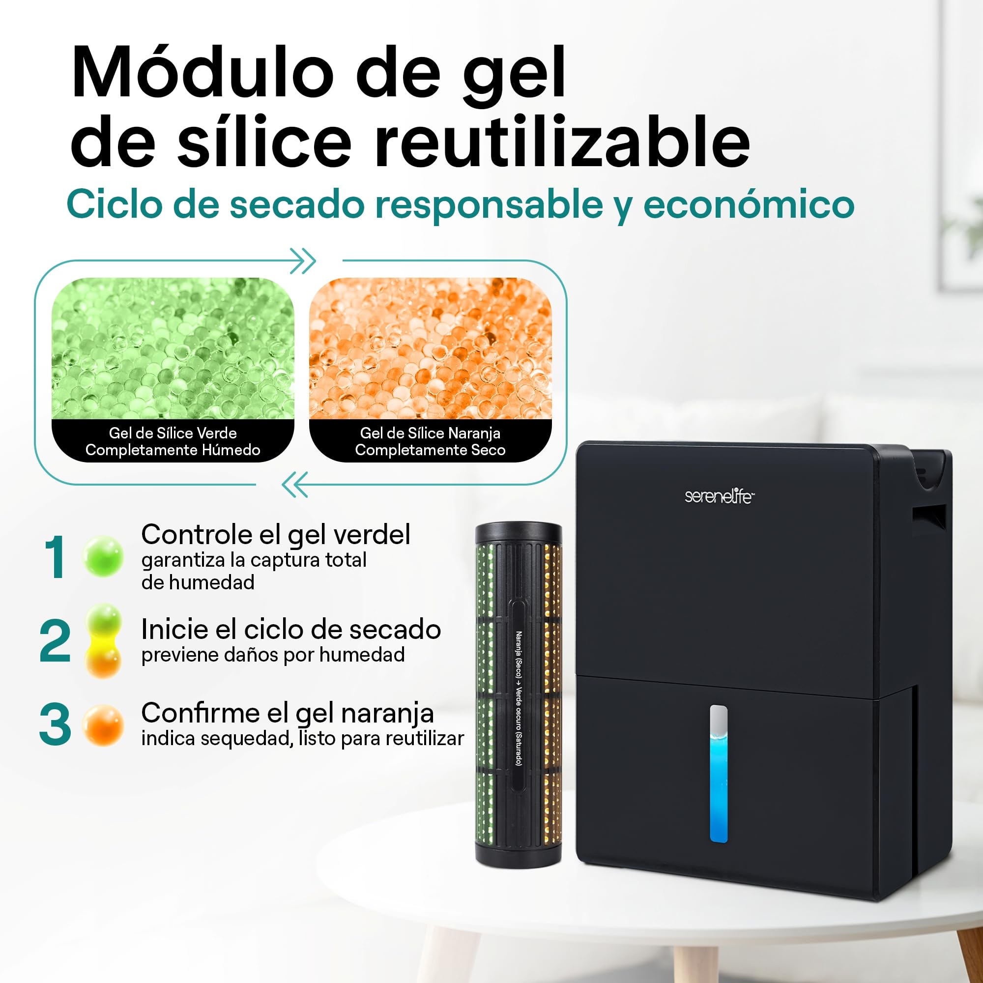 SereneLife deshumidificador pequeño y silencioso para hogar, Dormitorio y baño, 2 en 1 con cilindro extraíble, Base de secado, Control inteligente, Temporizador, Modo sueño, Hasta 111 m²