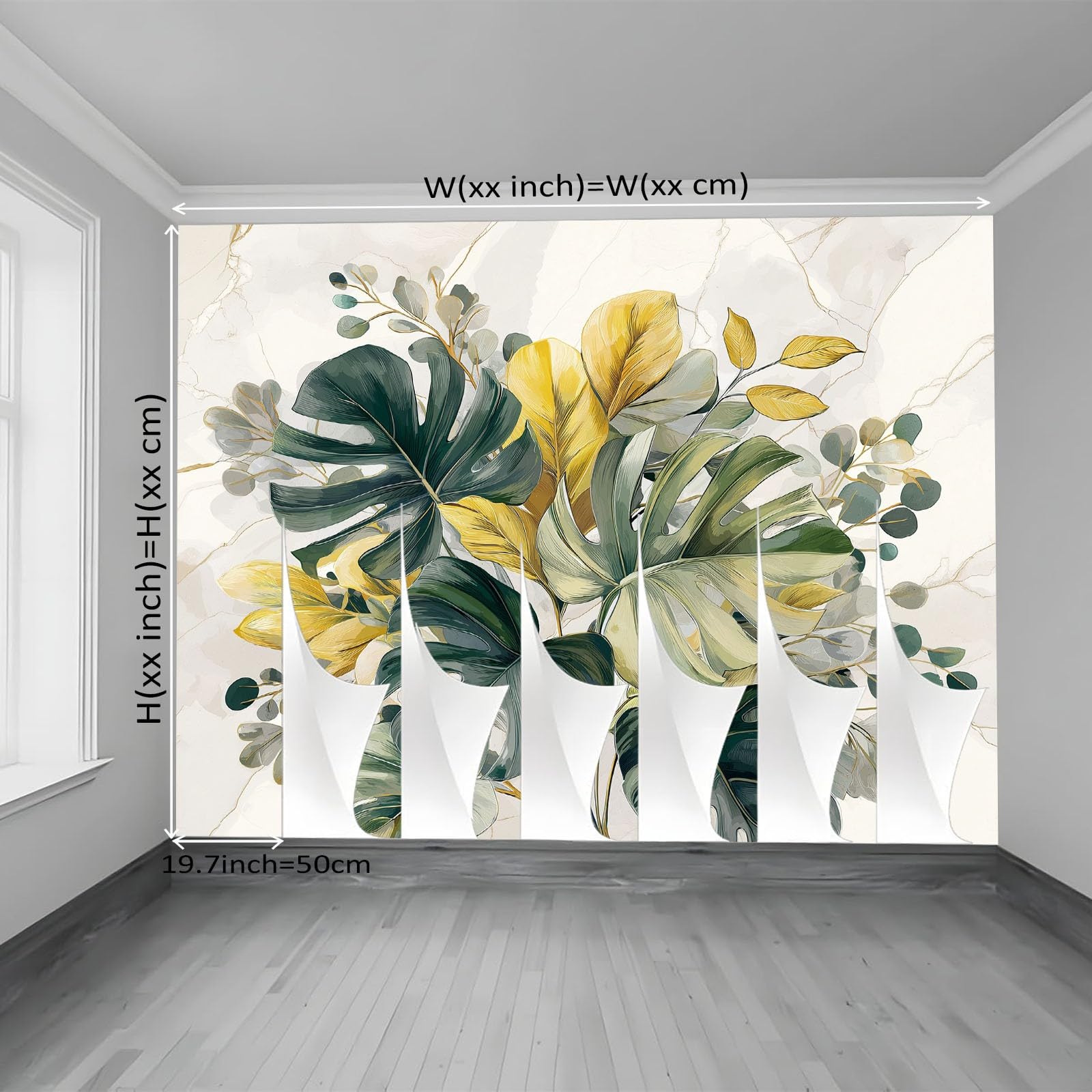 Tapeta 3D włóknina liście 400 x 280 cm styl akwarela botaniczna tapeta dekoracja ścienna do salonu sypialnia żółta zielona