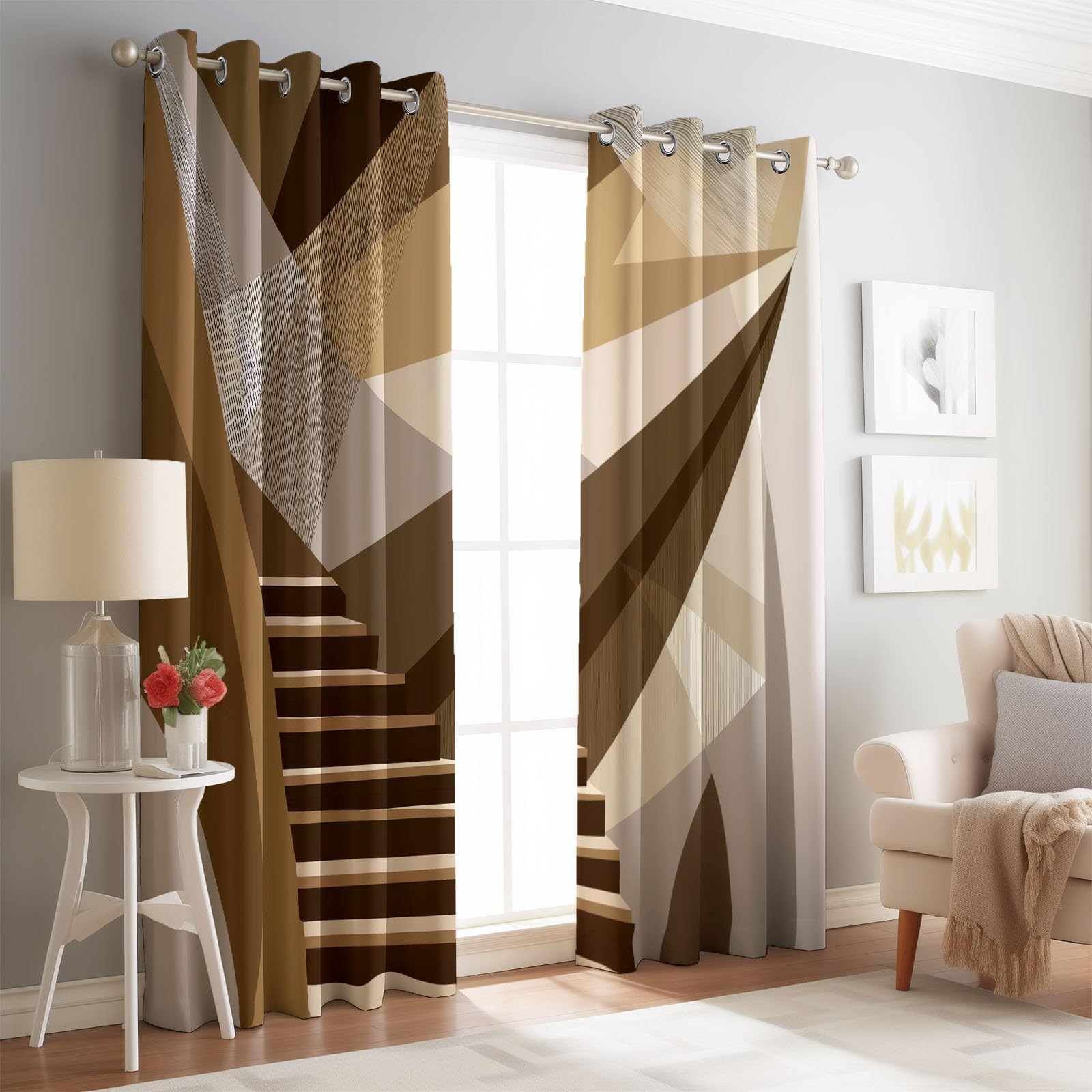 DécorationGéométrie Abstraite Escaliers, Rideaux Longs140L X 260H cm (2 Panneaux), Tissu Occultant Gris Clair pour Baie VitréeBrun