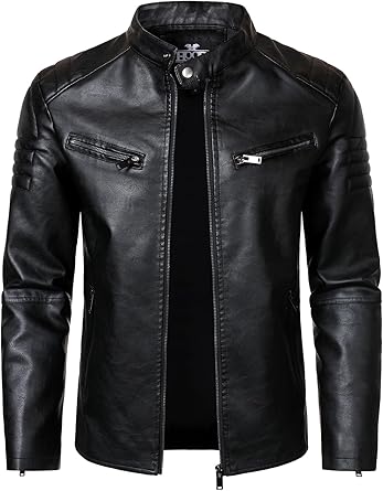 HOOD CREW Men’s Faux Leather Motorcycle Jackets Stand-up Collar Leather Jacket Vintage Coats Outwear