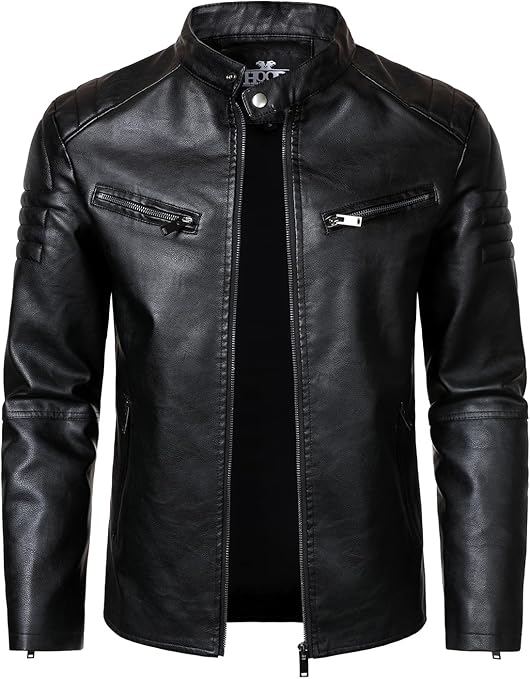 HOOD CREW Men’s Faux Leather Motorcycle Jackets Stand-up Collar Leather Jacket Vintage Coats Outwear