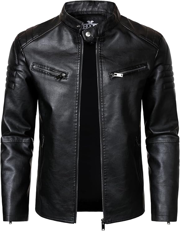 HOOD CREW Men’s Faux Leather Motorcycle Jackets Stand-up Collar Leather Jacket Vintage Coats Outwear
