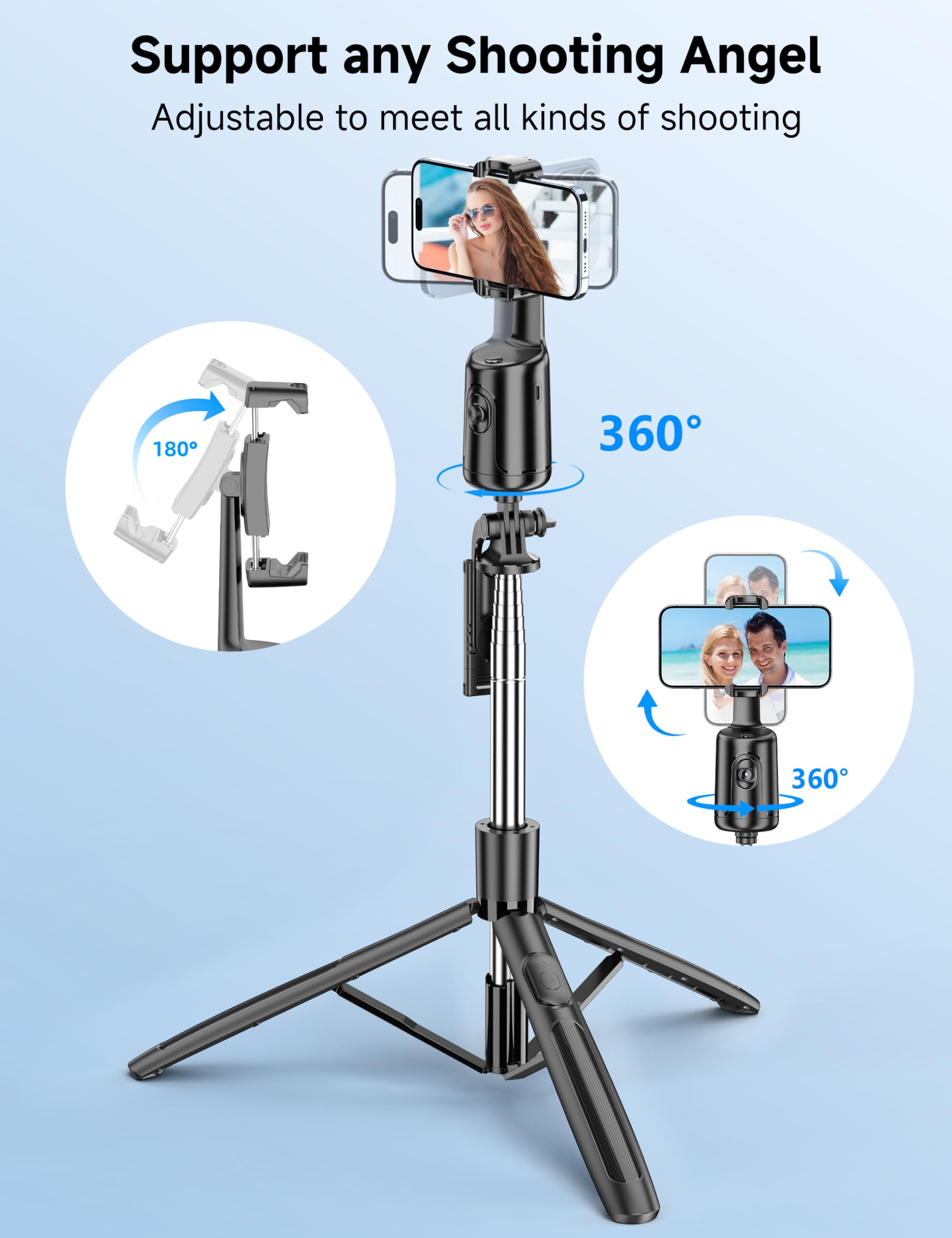 Trépied de suivi automatique du visage pour iPhone, rotation à 360 °, support de téléphone avec télécommande, support de prise de vue intelligent, perche à selfie pour enregistrement vidéo TikTok Vlog