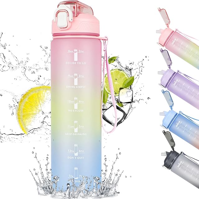 CodiCile Motivational water bottle,1L Sports Water Bottle with Straw and Time Markings,Leakproof Time Water Bottle with BPA Free Lid for Sports Gym Office Camping Running(1000ml, Gradient Pink)