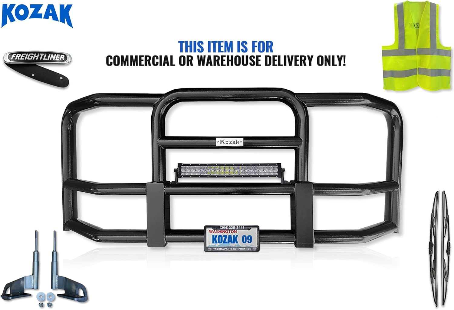 KOZAK Compatible with Freightliner Cascadia Semi Truck 2007-2017 Grille Brush Guard - Large with 22inch LED 120W LED Light Bar PLUS Logo, Windshield Wipers and KOZAK Vest