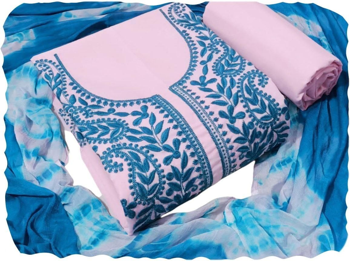 Women Designer Lucknowi Embroidered Work Pure Cotton Unstitched Dress Material Salwar Suit with Printed Chiffon Dupatta (Free size)