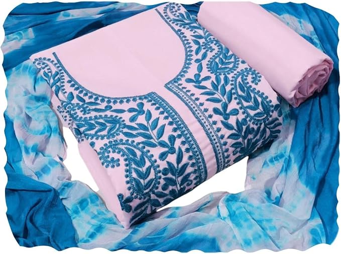 Women Designer Lucknowi Embroidered Work Pure Cotton Unstitched Dress Material Salwar Suit with Printed Chiffon Dupatta (Free size)